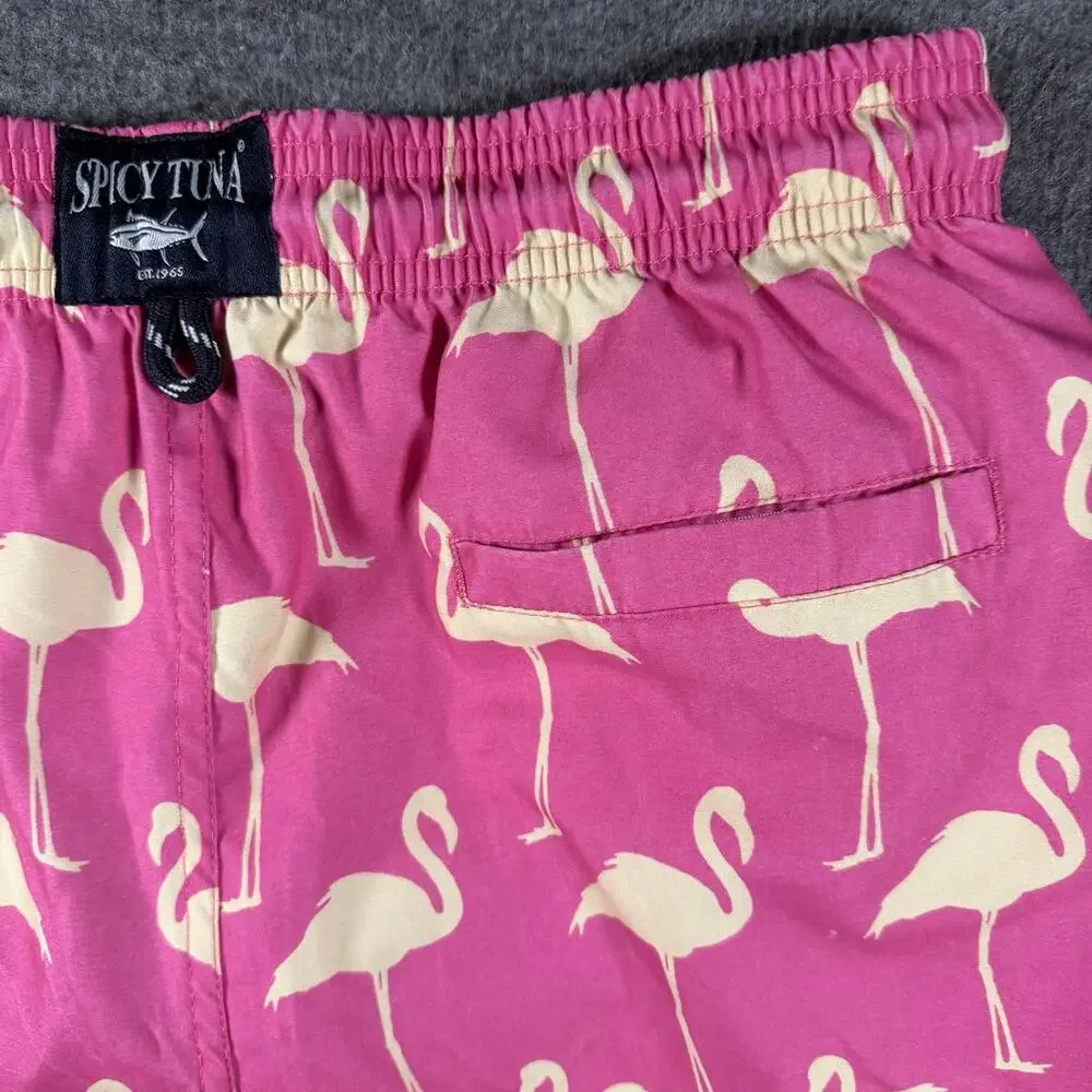 Spicy Tuna Shorts Mens Medium Pink Flamingo Swim Trunks Lined Drawstring Beach
